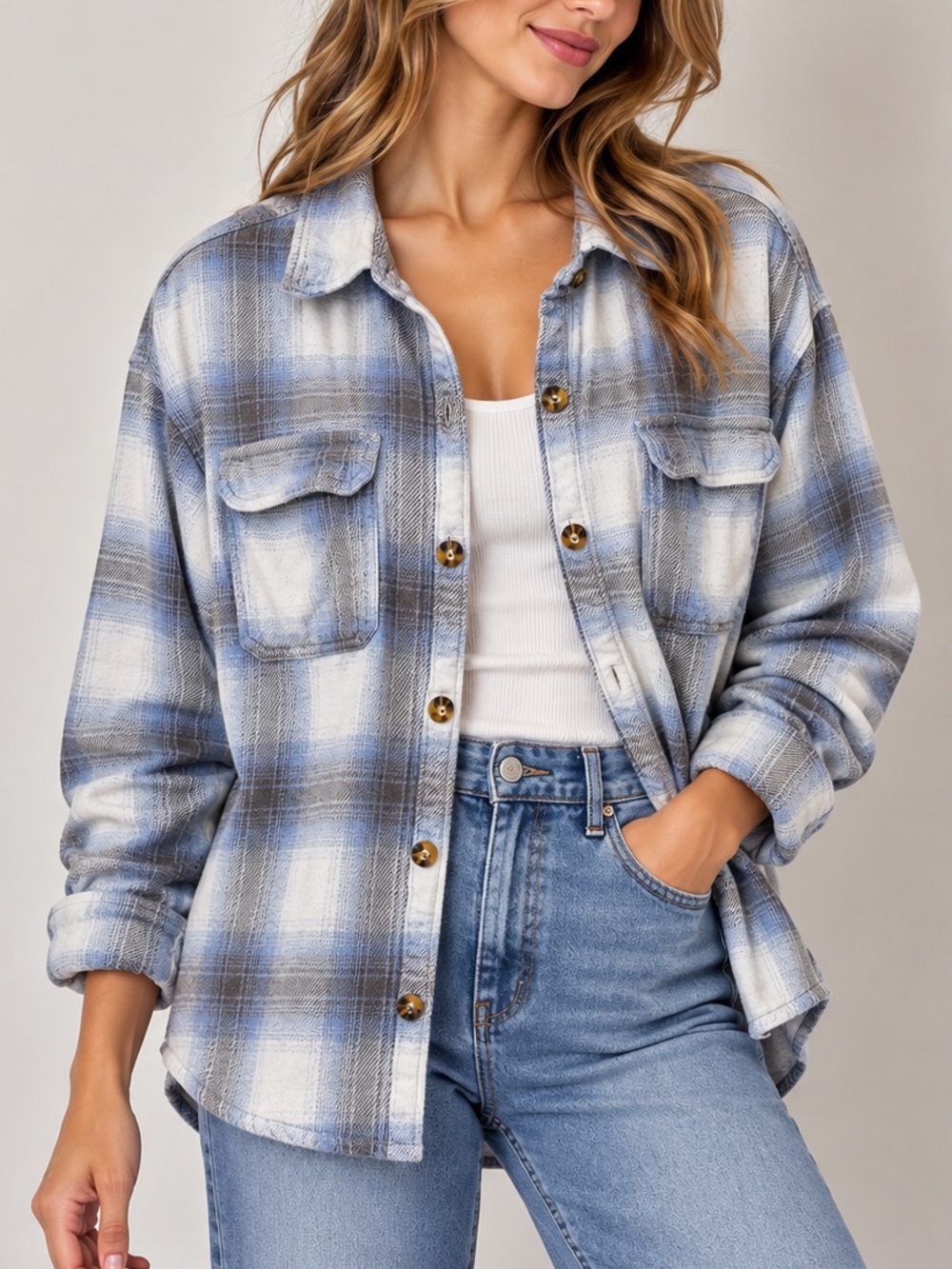 Hollister Boyfriend Fit Blue Grey Plaid Flannel Button Down Shirt M